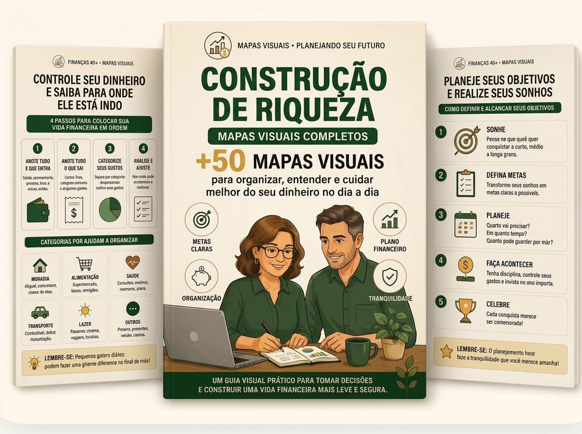 Kit Construção de Riqueza com 50 mapas visuais e um casal planejando o futuro